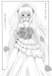  blush bouquet bridal_veil bride dress flower highres konjiki_no_yami long_hair monochrome petals to_love-ru translation_request veil wedding_dress 