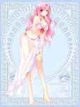  1girl ;) art_nouveau artist_request barefoot bikini blush breasts cleavage legs long_hair long_legs outstretched_hand pink_eyes pink_hair ribbon sarong see-through silver_rain smile solo swimsuit thighs wink 