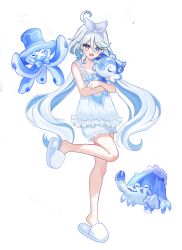  1girl ahoge blue_bow blue_eyes blue_hair blue_pupils blush bow commentary dress drop-shaped_pupils full_body furina_(genshin_impact) genshin_impact gentilhomme_usher hair_between_eyes heterochromia highres holding long_hair looking_at_viewer mademoiselle_crabaletta multicolored_hair open_mouth seolhae sleeveless sleeveless_dress slippers solo standing standing_on_one_leg streaked_hair surintendante_chevalmarin symbol-shaped_pupils very_long_hair white_dress white_hair white_slippers 