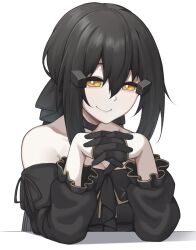  1girl act_(xadachit) black_dress black_gloves black_hair dandelion_(girls'_frontline) dress english_commentary girls'_frontline_2:_exilium girls_frontline gloves hair_between_eyes half_gloves long_hair looking_at_viewer own_hands_together shadow smile solo white_background yellow_eyes 