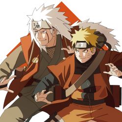 2boys absurdres blonde_hair facial_mark fighting_stance flak_jacket forehead_protector highres jacket jiraiya_(naruto) long_hair male_focus multiple_boys naruto naruto_(series) naruto_shippuuden ninja pnpk_1013 scroll scroll_tube sennin_mode teacher_and_student uzumaki_naruto white_hair 