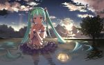  beek clouds dress green_eyes green_hair hatsune_miku headset highres long_hair partially_submerged sky smile solo tree twintails very_long_hair vocaloid wading wallpaper water wet 