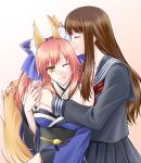  2girls animal_ears bare_shoulders bow breasts brown_eyes brown_hair caster_(fate/extra) cleavage closed_eyes detached_sleeves fate/extra fate/extra_ccc fate_(series) female_protagonist_(fate/extra) fervent_idiot fox_ears fox_tail hair_bow hair_ribbon japanese_clothes kiss long_hair multiple_girls obi pink_hair ribbon school_uniform serafuku smile tail twintails yellow_eyes 