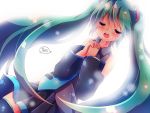  backlighting closed_eyes detached_sleeves eyes_closed green_hair hands_clasped hatsune_miku long_hair necktie open_mouth singing skirt solo thighhighs twintails urara_(sumairuclover) very_long_hair vocaloid white_background 