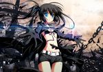  bikini_top black_hair black_rock_shooter black_rock_shooter_(character) blue_eyes bra chain chains coat glowing glowing_eyes long_hair looking_at_viewer midriff navel short_shorts shorts solo torn_clothes twintails underwear vashaps2 very_long_hair 
