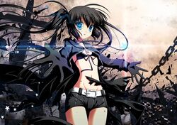  bikini_top black_hair black_rock_shooter black_rock_shooter_(character) blue_eyes bra chain chains coat glowing glowing_eyes long_hair looking_at_viewer midriff navel short_shorts shorts solo torn_clothes twintails underwear vashaps2 very_long_hair 