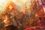  blonde_hair city frown glasses glasses_on_head golf_club jacket lm7_(op-center) long_hair open_clothes open_jacket original popped_collar red-framed_glasses rough serious solo yellow_eyes 
