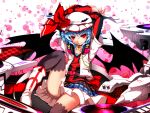  alternate_costume arms_up bat_wings black_legwear blue_hair boots bow chair cross flower hat headphones jewelry kazetto necklace phonograph plaid plaid_skirt red_eyes remilia_scarlet rose short_hair skirt slit_pupils smile solo thigh-highs thighhighs touhou turntable wings 