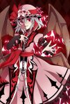  alternate_costume bat bat_wings blue_hair detached_sleeves dress fang flower hand_on_own_chest hat hat_flower hat_ribbon highres koumajou_densetsu kuroi_paseri open_mouth outstretched_hand pink_dress red_eyes red_nails remilia_scarlet ribbon sash short_hair slit_pupils smile solo touhou wings 