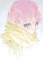  1girl blue_eyes go-toubun_no_hanayome looking_at_viewer mi8pq nakano_ichika pink_hair portrait scarf short_hair solo three_quarter_view yellow_scarf 