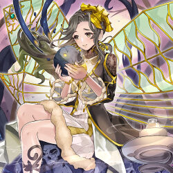  1girl aromaseraphy_sweet_marjoram bare_legs branch brown_dress brown_eyes brown_hair candle candlestand cloak cracked_skull dress duel_monster evening facing_to_the_side fairy_wings fur-trimmed_dress fur_trim gold_trim hair_ornament holding holding_skull light_smile looking_at_object looking_down on_ground outdoors parted_bangs pile_of_skulls plant ragnaraika_evil_seed red_sky rock shirt sitting skull sky vines white_cloak white_dress white_shirt white_trim wind winegrapeivy wings yu-gi-oh! 