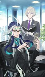  2boys androgynous aqua_ascot aqua_hair bishounen black-framed_eyewear black_hair black_jacket black_pants blue_eyes blue_hair blue_sky book building butterfly_hair_ornament cellphone chair city closed_mouth collared_shirt commentary cowlick day dress_pants eyeshadow fate/grand_order fate_(series) forehead_jewel glasses gloves green_eyeshadow grey_jacket grey_pants grey_vest hair_ornament holding holding_book holding_phone indoors jacket long_hair long_sleeves looking_at_viewer makeup male_focus multicolored_eyeshadow multicolored_hair multiple_boys necktie office_chair official_art pants parted_lips phone plant potted_plant prince_of_lan_ling_(cunning_foresight)_(fate) prince_of_lan_ling_(fate) purple_necktie red_eyes red_eyeshadow sata_(ipev) shi_huang_di_(cunning_foresight)_(fate) shi_huang_di_(fate) shirt short_hair sidelocks sitting sky skyscraper smartphone smile standing suit_jacket swivel_chair third-party_source very_long_hair vest waistcoat watch watch white_gloves white_hair white_shirt window 