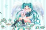  angel_wings aqua_eyes aqua_hair bare_shoulders bird boots detached_sleeves earrings hatsune_miku irono_yoita jewelry long_hair looking_at_viewer mikupa musical_note navel open_mouth sitting skirt twintails very_long_hair vocaloid wings 