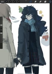  2girls akechi_gorou amamiya_ren art_program_in_frame back back_focus black_gloves black_hair brown_coat brown_hair closed_mouth coat emoji from_behind glasses gloves grey_coat grey_eyes hand_grab highres long_hair looking_at_another medium_hair messy_hair multiple_girls pale_skin persona persona_5 plaid_clothes plaid_skirt pleated_skirt procreate_(software) scarf school_uniform shuujin_academy_school_uniform skirt star_(symbol) sweater thigh-highs thighs user_interface wuzeiyu 