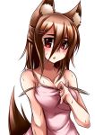 animal_ears bad_id bare_shoulders blush breasts brown_hair chestnut_mouth cleavage dress_pull original pako_(moto_paco) red_eyes simple_background solo sweat tail white_background 