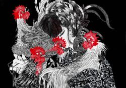  1girl absurdres ameishi animal ballpoint_pen_(medium) bird black_background chicken chinese_zodiac commentary_request feather_hair_ornament feathers greyscale hair_ornament half-closed_eyes highres holding holding_animal japanese_clothes kimono long_sleeves looking_at_viewer monochrome original pen_(medium) rooster short_hair sleeves_past_fingers sleeves_past_wrists solo spot_color tassel traditional_media tsurime upper_body year_of_the_rooster 