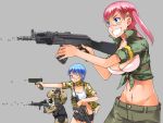  airgun airsoft asaki_takayuki assault_rifle blue_hair bra breasts cleavage crop_top front-tie_top glock goggles gray grin gun handgun highres large_breasts m4_carbine midriff military multiple_girls navel open_clothes open_shirt original panda pink_hair pistol red_eyes rifle shooting_glasses short_hair short_shorts shorts sleeves_rolled_up smile tied_shirt twintails underwear vertical_foregrip weapon wink 