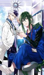  2boys adjusting_eyewear analog_clock aqua_shirt belt between_fingers bishounen black-framed_eyewear black_hair black_pants black_shirt blue_necktie blue_pants blue_shirt brown_belt clock closed_mouth coat collared_shirt commentary crossed_ankles day fate/grand_order fate_(series) futaba_hazuki glasses gradient_necktie green_hair hair_between_eyes hand_in_pocket holding holding_scalpel hospital id_card indoors infirmary lanyard lapels layered_sleeves long_hair long_sleeves looking_at_viewer low_ponytail male_focus medical_scrubs multicolored_hair multiple_boys necktie official_art pants parted_lips ponytail purple_necktie rectangular_eyewear riyo_(lyomsnpmp)_(style) round_eyewear shirt shoes short_hair short_over_long_sleeves short_sleeves sidelocks sigurd_(fate) sigurd_(under_the_knife)_(fate) smile standing stethoscope third-party_source two-tone_hair two-tone_necktie v-neck very_long_hair watch watch white_coat white_hair white_shoes window yan_qing_(fate) yan_qing_(under_the_knife)_(fate) 