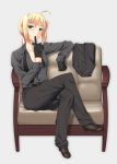  ahoge belt biting black_gloves blonde_hair blush breasts business_suit chair cleavage crossed_legs fate/zero fate_(series) female glove_biting gloves green_eyes jacket jacket_removed legs_crossed miyai_max pants ponytail reverse_trap saber shoes short_hair simple_background sitting solo undone_necktie undone_tie undressing 