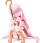  ? benesse cape fang hat hatena_yousei long_hair looking_at_viewer minamura_haruki panties pink_hair smile solo staff striped striped_panties underwear 