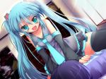  aqua_eyes aqua_hair bed blush detached_sleeves dutch_angle hatsune_miku long_hair necktie open_mouth rankiryuu sitting sitting_on_person skirt smile straddle thighhighs twintails very_long_hair vocaloid window 