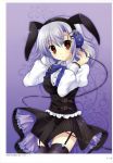  absurdres animal_ears bunny_ears copyright_request frills garter_belt headphones highres kemonomimi mitha purple_hair red_eyes skirt skirt_lift stockings thigh-highs thighhighs usamimi 