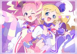  2girls blonde_hair blue_eyes bow bow_earrings bowtie braid bright_pupils brooch capelet clenched_hands colored_tips commentary_request cowboy_shot crown crown_earrings cure_friendy cure_wonderful dated deerstalker dress earrings eyelashes feet_out_of_frame floating_clothes floating_hair footwear_bow frilled_dress frilled_headwear frilled_sleeves frilled_wrist_cuffs frills grid_border hairband happy hat hat_ornament heart heart_brooch heart_hat_ornament inukai_iroha inukai_komugi jewelry locked_arms long_hair low_twin_braids magical_girl mini_crown mini_hat multicolored_hair multiple_girls nail_polish one_eye_closed palms panties pantyhose paru_rari paw_pose pink_bow pink_bowtie pink_dress pink_eyes pink_hair pink_nails pink_pantyhose pink_shoes pink_wrist_cuffs precure puffy_short_sleeves puffy_sleeves purple_bow purple_bowtie purple_brooch purple_capelet purple_dress purple_hairband purple_hat purple_wrist_cuffs red_brooch red_crown shoes short_dress short_sleeves signature single_stripe streaked_hair striped_bow striped_bowtie striped_clothes striped_panties tareme thigh-highs twin_braids two-tone_pantyhose two_side_up underwear very_long_hair white_background white_pupils white_sleeves white_thighhighs wonderful_precure! wrist_cuffs yellow_hairband yellow_pantyhose yellow_pupils 