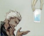  archer casual covering covering_face covering_mouth crimo dark_skin fate/stay_night fate_(series) grey_background grey_eyes male solo water white_hair 