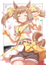  1girl abs absurdres animal_ears argyle_clothes armband belt bow bow_choker brown_hair choker closed_eyes fingerless_gloves flova11 frills from_below gloves grin highres horse_ears horse_girl horse_tail idol long_hair microphone midriff_peek musical_note short_shorts shorts showgirl_skirt smart_falcon_(twilight_triumph)_(umamusume) smart_falcon_(umamusume) smile solo tail thigh_gap twintails umamusume white_choker 