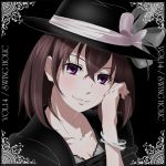  1girl album_cover alternate_costume alternate_eye_color black_background bra bracelet breasts brown_hair cleavage cover hat hat_ribbon jacket jewelry lips looking_at_viewer portrait ribbon shirt short_hair simple_background smile solo text touhou tsukimido underwear usami_renko violet_eyes 