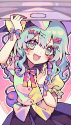  1girl :d black_hat black_skirt blue_bow blush bow bowtie collared_shirt commentary_request envelope_hair_ornament green_eyes green_hair hat hat_bow heart heart-shaped_pupils highres komeiji_koishi kyouda_suzuka looking_at_viewer medium_hair open_mouth pink_nails puffy_short_sleeves puffy_sleeves red_bow red_bowtie shirt short_sleeves skirt smile solo symbol-shaped_pupils text_hair_ornament third_eye touhou twitter_username upper_body wrist_bow yellow_bow yellow_shirt 