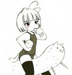  animal_ears black_legwear blush body_blush child copyright_request eating flat_chest kehukoete monochrome school_swimsuit short_hair solo spot_color swimsuit tail thigh-highs thighhighs 