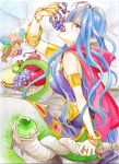  apple armlet blue_eyes blue_hair bracelet breasts breath_of_fire breath_of_fire_i breath_of_fire_ii breath_of_fire_iii cleavage cloak deis earrings eating fairy fairy_(breath_of_fire) fingernails food fruit grapes grey_eyes hood jewelry lamia lipstick long_fingernails long_hair long_nails makeup moaiguma monster_girl nail_polish ring scales staff 