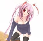  :d ;d alternate_costume alternate_hairstyle animal_ears arm_support bare_shoulders black_legwear bottomless breasts bunny_ears chimunge cleavage kneeling large_breasts leaning_forward long_hair naked_sweater no_pants off_shoulder open_mouth purple_hair red_eyes reisen_udongein_inaba ribbed_sweater smile solo sweater thigh-highs thighhighs touhou twintails wink 