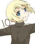  blonde_hair blue_eyes erica_hartmann grin looking_back military military_uniform mitsuki_meiya outstretched_arms short_hair simple_background smile solo spread_arms strike_witches uniform white_background 