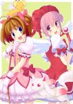  abondz bow_(weapon) brown_hair card_captor_sakura cardcaptor_sakura child cosplay costume_switch crossover fuuin_no_tsue gloves hat kaname_madoka kero kinomoto_sakura kyubey mahou_shoujo_madoka_magica multiple_girls pink_hair red_eyes short_hair twintails wand weapon 