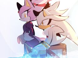  1boy 1girl animal_ears animal_nose blaze_the_cat body_fur bracelet cat_ears cat_girl cat_tail closed_mouth coat forehead_jewel fur-trimmed_gloves fur_trim furry furry_female furry_male gloves gold_bracelet grey_fur hedgehog_boy jewelry looking_at_another pants purple_coat purple_fur short_tail silver_the_hedgehog simple_background sitting sonic_(series) sonic_the_hedgehog_(2006) standing tail topknot upper_body weon1119 white_background white_gloves white_pants yellow_eyes 