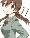  brown_eyes brown_hair gertrud_barkhorn military military_uniform mitsuki_meiya simple_background solo strike_witches twintails uniform white_background 