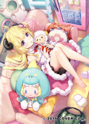  1girl ahoge animal_ears blonde_hair bow bowtie breasts commentary_request copyright_notice couch cup detached_sleeves dress empire_waist from_above fur-trimmed_dress fur-trimmed_sleeves fur_trim hair_ornament hairclip holding holding_cup holoforce hololive horns indoors instrument knees_together_feet_apart knees_up large_breasts looking_at_viewer mochidart official_art on_couch open_mouth red_bow red_bowtie sheep_ears sheep_girl sheep_horns sheep_tail short_dress sleeveless sleeveless_dress slippers solo stuffed_toy tail tambourine tsunomaki_watame tsunomaki_watame_(1st_costume) underbust unworn_slippers violet_eyes virtual_youtuber watamate white_dress 