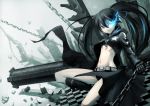  arm_cannon belt bikini_top black_hair black_rock_shooter black_rock_shooter_(character) blue_eyes boots boots1girl chain chains cleavage_cutout flame gloves glowing glowing_eyes hellshock jacket midriff navel scar short_shorts shorts star stitches twintails uneven_twintails weapon zipper 