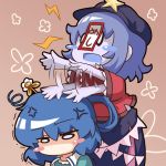  anger_vein beret blue_eyes blue_hair blush_stickers chibi dress expressive_clothes flower hair_rings hair_stick hat jiangshi kaku_seiga mesou-san miyako_yoshika multiple_girls o_o ofuda open_mouth outstretched_arms short_hair skirt star touhou trembling zombie_pose 