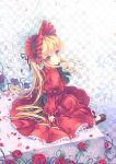  absurdres blonde_hair blue_eyes bonnet capelet checkered dress drill_hair flower hairband highres lace-trimmed_skirt long_hair north_abyssor red_dress red_rose rose rozen_maiden shinku shoes sitting solo 