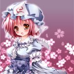  breasts cherry_blossoms hat japanese_clothes lowres obi open_mouth petals pikachocolat pink_eyes pink_hair saigyouji_yuyuko short_hair smile solo touhou triangular_headpiece 