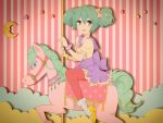  bow green_eyes green_hair hatsune_miku high_heels highres horse kise_(swimmt) open_mouth pantyhose pink_legwear riding shoes star stars striped striped_background vocaloid 