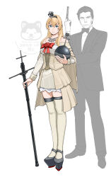  1boy 1girl absurdres black_hairband blonde_hair bow bowtie breasts closed_mouth crossover crown dress flower full_body globus_cruciger gun hair_between_eyes hairband highres holding holding_gun holding_scepter holding_weapon jacket james_bond james_bond_(series) jewelry kantai_collection long_hair long_sleeves looking_at_viewer medium_breasts mini_crown necklace off-shoulder_dress off_shoulder ojipon pants red_flower red_rose rose scepter simple_background standing thigh-highs warspite_(kancolle) watermark weapon white_background 