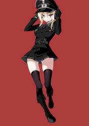  1girl absurdres belt black_gloves black_thighhighs blazer blonde_hair breasts epaulettes gloves hat headphones highres jacket jiseki_rena looking_at_viewer medium_breasts medium_hair military_uniform nazi original peaked_cap pleated_skirt red_background red_eyes rena_(jiseki_rena) sidelocks skindentation skirt thigh-highs tongue tongue_out totenkopf zettai_ryouiki 