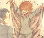  :d amemiya_taiyou androgynous black_hair blue_eyes brown_hair character_request closed_eyes eyes_closed inazuma_eleven inazuma_eleven_(series) inazuma_eleven_go kurodeko male multiple_boys open_mouth outstretched_arms pajamas smile translation_request tsurugi_yuuichi 