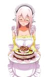  ^_^ absurdres apron blush breasts cake chocolate closed_eyes cream eyes_closed food food_on_face frills headphones heart highres large_breasts long_hair macaron nitroplus open_mouth pink_hair smile solo sonico super_sonico tsuji_santa 