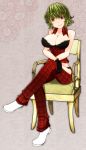  aoshima bare_shoulders black_bra bra breasts chair cleavage crossed_legs flower gloves green_hair grin highres kazami_yuuka lace-trimmed_bra large_breasts lingerie looking_at_viewer pants plaid plaid_pants plaid_vest red_eyes shoes sitting smile solo touhou underwear youkai 