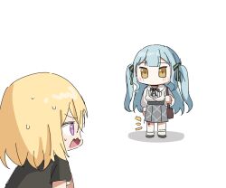  2girls bang_dream! bang_dream!_it's_mygo!!!!! black_ribbon black_shirt blonde_hair blue_hair blush commentary dated_commentary grey_skirt highres long_hair misumi_uika multiple_girls neck_ribbon nervous_sweating open_mouth plaid_clothes plaid_skirt pleated_skirt ribbon scrape shirt short_sleeves simple_background skirt sweat togawa_sakiko two_side_up violet_eyes white_background white_shirt yellow_eyes yzj21333 